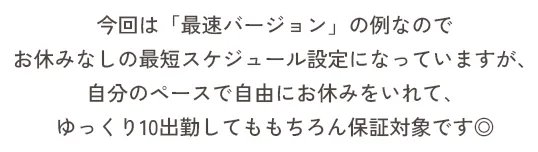 今回は「最速バージョン」の例なのでお休みなしの最短スケジュール設定になっていますが、自分のペースで自由にお休みを入れて、ゆっくり10出勤してももちろん保証対象です◎